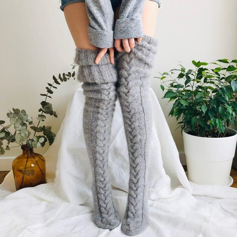 Chaussettes d'hiver longues au-dessus du genou, tricotées avec motif en pile